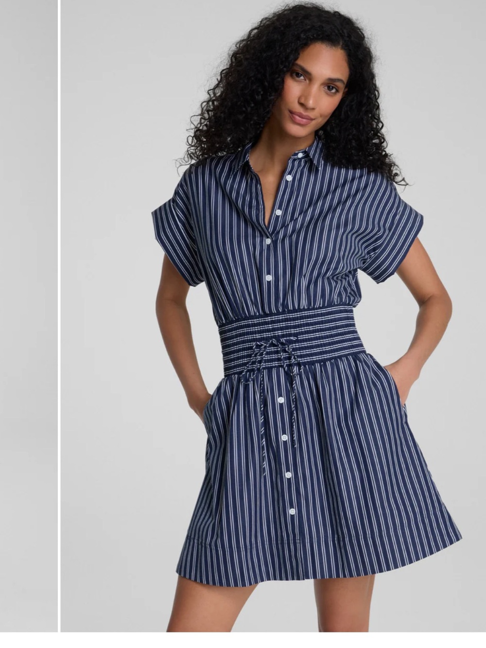 SPANX • Poplin smocked mini shirt dress - Navy and White Striped - Medium - Picture 3 of 10
